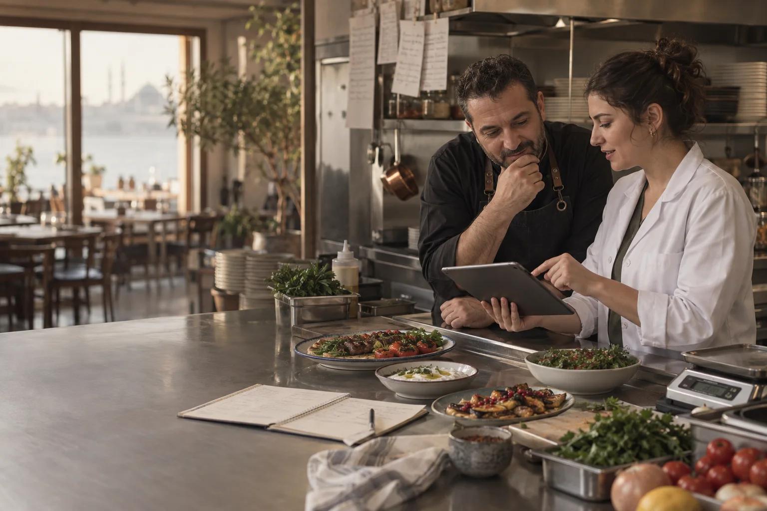 Restoran mutfağında menü reçetesini birlikte inceleyen işletme sahibi ve gıda mühendisi