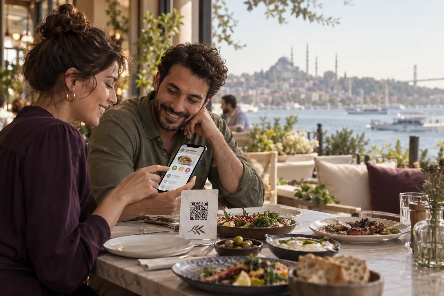 Restoran masasında QR kod ile dijital menüye bakan müşteriler